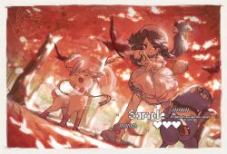  1girl :o autumn_leaves blue_bow blue_shoes border bow brown_eyes brown_hair character_bag commission croagunk disarming_voice_(pokemon) dress full_body hat highres leaf looking_at_viewer open_mouth outdoors pink_fur pink_hat pokemon pokemon_(creature) ribbon robinlovesop rowlet shoes standing sylveon white_border white_bow white_dress white_fur yellow_eyes 