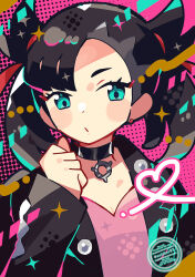  1girl anidler91 asymmetrical_bangs black_choker black_hair black_jacket blue_eyes choker dress heart highres jacket long_sleeves looking_at_viewer marnie_(pokemon) open_clothes open_jacket pink_dress pokemon pokemon_swsh solo twintails upper_body 