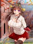  1girl arms_behind_back autumn blush boots breasts cleavage highres kantai_collection kongou_(kantai_collection) long_hair looking_at_viewer open-chest_sweater pleated_skirt pocky skirt solo sweater thigh-highs thigh_boots turtleneck violet_eyes youshuu zettai_ryouiki 
