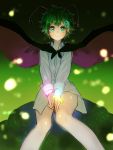  1girl antennae blush bracelet cape glowing glowstick gradient gradient_background green_background green_eyes green_hair hair_ornament hairclip highres jewelry keemoringo long_sleeves looking_at_viewer no_pants shirt short_hair sitting solo touhou very_short_hair wavy_mouth wriggle_nightbug 