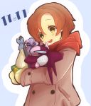  1girl :d birthday blush box coat dated gift gift_box heart keikou_midori_(753064) long_sleeves mark_sieben open_mouth orange_hair outline scarf shiny shiny_hair short_hair smile solo soukyuu_no_fafner stuffed_toy toomi_maya yellow_eyes younger 