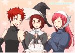  3girls birthday_cake blush cake detached_sleeves fire_emblem fire_emblem:_kakusei food glasses hat miriel_(fire_emblem) multiple_girls redhead serge_(fire_emblem) short_hair shougayaki_(kabayaki_3) soiree sweater witch_hat 