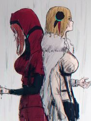  2girls back-to-back blonde_hair breasts cape chest_harness flower fur-trimmed_cape fur_trim hair_flower hair_ornament harness hat heaven_burns_red highres kulfiq large_breasts maria_de_angelis minase_ichigo multiple_girls nun red_hair rose shirt short_hair skirt veil 