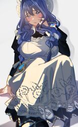  absurdres apron bilingual_commentary black_dress black_shoes blue_eyes blue_hair blush braid breasts commentary dress empire_waist english_commentary frilled_apron frilled_hat frills grey_background hair_intakes hair_over_shoulder hat highres holding holding_own_hair hololive hololive_english juliet_sleeves knowname large_breasts long_dress long_sleeves looking_at_viewer low_twin_braids maid maid_apron mary_janes mixed-language_commentary mob_cap official_alternate_costume official_alternate_hairstyle open_mouth ouro_kronii ouro_kronii_(maid) pocket_watch puffy_sleeves puritan_collar shoes simple_background sitting twin_braids victorian_maid virtual_youtuber watch white_apron white_hat 