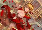 1girl ahoge blonde_hair breasts cleavage dress fate/extra fate/extra_ccc fate/stay_night fate_(series) green_eyes juliet_sleeves large_breasts long_sleeves looking_at_viewer open_mouth petals puffy_sleeves red_dress saber_extra sleeves_past_wrists solo stairs walzrj 