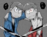  2boys alternate_costume anger_vein arm_around_shoulder bowl_cut brothers chain_necklace clothes_around_waist grey_background greyscale jacket_around_waist jewelry jikuno jumpsuit karamatsu male_focus monochrome multiple_boys necklace osomatsu-kun osomatsu-san osomatsu_(osomatsu-kun) siblings spot_color 