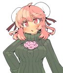  1girl :o blush breasts bun_cover double_bun flower ibaraki_kasen ini_phm looking_at_viewer open_mouth pink_eyes pink_hair red_eyes ribbed_sweater short_hair simple_background solo sweater touhou turtleneck upper_body white_background 