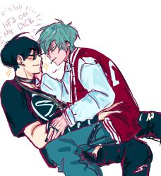 2boys alien_stage black_hair black_pants black_shirt closed_eyes commentary ear_piercing english_commentary english_text grey_hair hand_on_another's_face hawk_till highres ivan_(alien_stage) jacket letterman_jacket male_focus multiple_boys pants piercing red_jacket shirt sitting sitting_on_lap sitting_on_person smile till_(alien_stage) white_sleeves yaoi