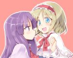  2girls alice_margatroid blonde_hair blue_eyes blush capelet eye_contact hairband long_hair long_sleeves looking_at_another mouth_hold multiple_girls nirap no_hat open_mouth parody patchouli_knowledge pocky pocky_day profile purple_hair ribbon satou_kibi_(style) short_hair smile style_parody sweatdrop touhou upper_body violet_eyes 