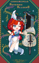  1girl ;d artist_name asymmetrical_footwear barcarola_(reverse:1999) beamed_eighth_notes black_hat blue_eyes blue_shirt blue_shoes bow_(music) crackling_box_(reverse:1999) dated deformed eighth_note full_body green_background hand_up hat highres holding holding_bow_(music) instrument long_hair looking_at_viewer mini_hat miniskirt mismatched_footwear musical_note musical_staff official_alternate_costume one_eye_closed open_mouth pantyhose pixel_art red_hair reverse:1999 shirt shoes single_leg_pantyhose sixteenth_note skirt smile solo sparkle strapless strapless_shirt treble_clef white_pantyhose white_shoes white_skirt xph_peihan 