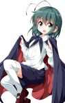  1girl antennae cape green_eyes green_hair highres mary_janes open_mouth pants ruu_(tksymkw) shoes short_hair simple_background smile solo thigh-highs touhou white_background white_legwear wriggle_nightbug 