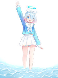  1girl :d arona_(blue_archive) blue_archive blue_eyes blue_hair blue_halo braid colored_inner_hair commentary_request full_body hair_over_one_eye hair_ribbon halo hand_up highres jacket long_bangs looking_at_viewer medium_hair midriff_peek multicolored_hair nanhui_(pixiv_25128899) ocean open_clothes open_jacket panties panty_peek parted_bangs pink_hair pleated_skirt ribbon sailor_collar school_uniform serafuku single_braid skirt smile solo striped_clothes striped_panties teeth underwear upper_teeth_only white_background white_ribbon white_sailor_collar white_skirt 