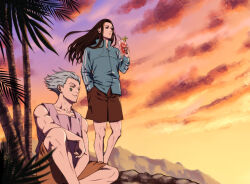  2boys black_eyes black_hair black_shorts blue_hair closed_mouth cup drinking_glass drinking_straw evening facial_mark green_shirt hisoka_morow holding holding_cup hunter_x_hunter illumi_zoldyck long_hair male_focus multiple_boys orange_sky shakikashi shirt shorts sitting sky standing star_(symbol) star_facial_mark tree 