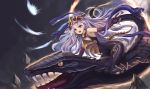  &gt;:o 1girl :o armor armpits bangs bare_shoulders boots breastplate elbow_gloves eruthika fangs floating_hair from_side gauntlets gem gloves gorgon granblue_fantasy halterneck helm helmet highres leaning_forward long_hair looking_at_viewer medusa medusa_(shingeki_no_bahamut) open_mouth orange_eyes outstretched_arm pointy_ears purple_gloves riding sharp_teeth shingeki_no_bahamut silver_hair sleeveless slit_pupils snake snake_hair solo tail teeth turtleneck unitard very_long_hair wavy_hair yellow_eyes 