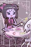  1girl big_cat_shan black_hair blush chair character_name croissant cup doughnut extra_arms extra_eyes fangs food hair_ribbon highres insect_girl monster monster_girl muffet open_mouth plate ribbon silk sitting spider spider_girl spider_web table teacup teapot undertale 