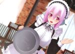  1girl 3d apron blush breasts happy headphones large_breasts long_hair looking_at_viewer maid maid_headdress mascot nitroplus open_mouth pink_hair red_eyes solo super_sonico tray 
