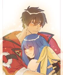  1boy 1girl bare_shoulders blue_hair blush brown_eyes brown_hair dizzy_(guilty_gear) family father_and_daughter gloves guilty_gear guilty_gear_strive hair_ribbon hug jacket long_hair parent_and_child red_eyes ribbon short_hair smile sol_badguy tazuransi watermark 