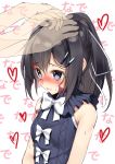  1girl :o afterimage bangs bare_shoulders black_hair blue_eyes blush bow bowtie burn_scar dorei_to_no_seikatsu_-teaching_feeling- embarrassed from_side hair_ornament hair_ribbon hairclip hand_on_another&#039;s_head heart heart-shaped_pupils high_ponytail long_hair motion_blur nose_blush open_mouth petting ponytail raised_eyebrows ribbon shirt sleeveless sleeveless_shirt small_breasts solo_focus sweat sylvie_(dorei_to_no_seikatsu) symbol-shaped_pupils upper_body white_background yatsu_(sasuraino) 