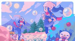  1boy 1girl akari_(pokemon) blue_hair border bubble clouds commentary english_commentary galaxy_expedition_team_survey_corps_uniform grass highres hisuian_growlithe holding holding_pokemon long_hair marikyuunn mountain oshawott outdoors pokemon pokemon_(creature) pokemon_legends:_arceus red_scarf rei_(pokemon) rowlet scarf sky standing sun tree white_border 