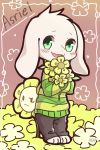  2boys :d asriel_dreemurr big_cat_shan blush character_name dual_persona fangs flower flowey_(undertale) frown green_eyes highres looking_at_viewer monster_boy multiple_boys open_mouth smile spoilers time_paradox undertale yellow_flower 