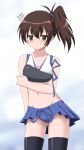  1girl adapted_costume blush breasts brown_hair cleavage commentary_request flying_sweatdrops hayashiya_zankurou highres kaga_(kantai_collection) kantai_collection long_hair muneate navel revealing_clothes side_ponytail solo thigh-highs 