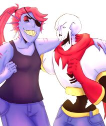  1boy 1girl 2017 2d anthro arm_around_neck arm_behind_another&#039;s_back arm_behind_back athinachan black_tank_top blue_pants blue_shorts blue_skin clenched_hand closed_eyes digital_media duo ear_fins eyepatch female fins fish fish_girl gloves grin hair head_fins high_ponytail highres humanoid long_hair male monster monster_boy monster_girl pants papyrus_(undertale) ponytail red_hair sharp_teeth shorts simple_background skeleton smile tank_top teeth undead undertale undyne white_background yellow_teeth 