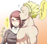  1girl blonde_hair fire_emblem fire_emblem:_kakusei glasses hug miriel_(fire_emblem) redhead shirtless short_hair shougayaki_(kabayaki_3) spiky_hair translation_request wyck 