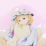  1girl blonde_hair brown_eyes fingernails fox_tail hat ichibu_jusho long_sleeves looking_at_viewer multiple_tails pillow_hat pink_background short_hair simple_background solo tail tail_hug touhou upper_body wide_sleeves yakumo_ran yellow_pupils 