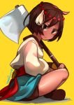  1girl ajna_(indivisible) axe beads bike_shorts blouse brown_eyes brown_hair commentary crossed_legs dark_skin from_side frown hair_ornament highres holding_weapon indivisible jewelry looking_at_viewer looking_to_the_side ng_(kimjae737) sash short_hair sitting skirt solo twitter_username weapon yellow_background 