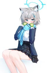  1girl absurdres animal_ear_fluff animal_ears black_skirt blue_archive blue_eyes blue_jacket blue_necktie blue_scarf blush closed_mouth cobe commentary cross_hair_ornament gloves green_gloves grey_hair hair_ornament high-waist_skirt highres holding holding_scarf holding_unworn_clothes jacket long_hair looking_at_viewer necktie plaid_clothes plaid_skirt scarf shiroko_(blue_archive) shirt sidelocks skirt solo white_shirt wolf_ears wolf_girl 