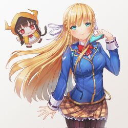  1girl asakura_karen_(heaven_burns_red) black_pantyhose blonde_hair blue_jacket bow braid breasts character_doll green_eyes half_up_braid heaven_burns_red highres jacket long_hair long_sleeves pantyhose plaid_clothes plaid_skirt pleated_skirt red_bow ribbon sail_678 skirt striped_clothes striped_pantyhose toujou_tsukasa vertical-striped_clothes vertical-striped_pantyhose white_ribbon 