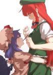  2girls bow braid hat hong_meiling hug long_hair looking_at_another mouth_hold multiple_girls open_mouth pocky purple_hair redhead remilia_scarlet short_hair short_sleeves skirt terimayo touhou wings 