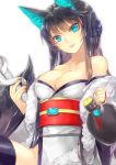  1girl animal_ears aqua_eyes bare_shoulders black_hair breasts cleavage collarbone detached_sleeves fox_ears fox_tail japanese_clothes katana kimono large_breasts long_hair looking_at_viewer obi original parted_lips sakuyosi sash simple_background smile snake solo sword tail upper_body weapon white_background white_snake 