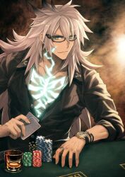  1boy black-framed_eyewear black_shirt bracelet brown_background buttons card cheek_tattoo chest_tattoo closed_mouth collarbone collared_shirt cup drinking_glass elbow_rest fate/grand_order fate_(series) glasses glowing_tattoo green_eyes grey_hair hair_between_eyes holding holding_card jewelry konoe_ototsugu long_hair looking_at_viewer male_focus neck_tattoo official_art partially_unbuttoned pectorals playing_card poker_chip ring shirt sidelocks siegfried_(fate) siegfried_(super_cool_biz)_(fate) smile solo table tattoo third-party_source three-quarter_sleeves upper_body watch watch wing_collar 