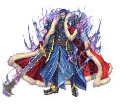  1boy absurdres armor armored_boots ashnard_(fire_emblem) aura beard belt blue_hair boots cape colored_sclera commentary_request evil_grin evil_smile facial_hair fire_emblem fire_emblem:_path_of_radiance fire_emblem_heroes full_body fur-trimmed_cape fur_trim gauntlets gloves grin gurgurant highres holding holding_sword holding_weapon izuka_daisuke male_focus official_art red_sclera simple_background smile solo standing sword teeth weapon white_background 