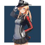  1girl absurdres anchor_hair_ornament blonde_hair blue_background blue_eyes breasts cowboy_shot gloves hair_ornament hand_on_headwear hand_on_hip hat highres kantai_collection long_hair looking_at_viewer microskirt military military_uniform peaked_cap prinz_eugen_(kantai_collection) simple_background skirt solo twintails uehara_(ueharahaue) uniform white_border white_gloves 