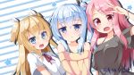  3girls :&lt; :d bare_shoulders black_shirt blonde_hair blue_eyes blue_hair dress_shirt girl_sandwich long_hair multiple_girls off-shoulder_shirt off-shoulder_sweater ominaeshi_(takenoko) open_mouth original pink_hair red_eyes sandwiched shirt smile sweater two_side_up w 