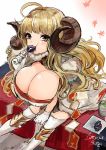  1girl ahoge anira_(granblue_fantasy) blonde_hair breasts brown_eyes cleavage dated eating food_in_mouth granblue_fantasy horns huge_breasts long_hair otogi_(s_in_w) sheep_horns solo 