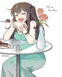  akoya_matama aqua_hair bare_shoulders bead_bracelet beads blue_nails bracelet breast_rest breasts breasts_on_table brown_hair cake cake_slice character_name closed_eyes dress fang flower food glass_table green_dress guagua977 highres invisible_chair jewelry long_dress long_hair mahou_shoujo_ni_akogarete multicolored_hair nail_polish open_mouth pink_flower pink_rose rose sitting sleeveless sleeveless_dress spoon streaked_hair table twitter_username two_side_up vase 