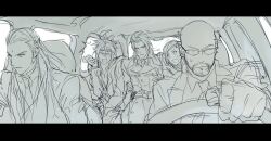  1girl 4boys bald bindi car collared_shirt driving elena_(ff7) facial_hair facial_mark final_fantasy final_fantasy_vii furrowed_brow goatee goggles goggles_on_head hair_between_eyes highres jacket long_hair motor_vehicle multiple_boys necktie open_mouth parted_bangs parted_lips quxiaochong reno_(ff7) rude_(ff7) rufus_shinra shirt sketch spiky_hair steering_wheel suit suit_jacket sunglasses sweatdrop swept_bangs tseng 