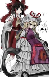  2girls bare_shoulders black_eyes black_hair blonde_hair bow breasts closed_mouth detached_sleeves dress expressionless frills hair_between_eyes hair_tubes hakurei_reimu haniwa_kue hat highres long_hair medium_breasts mob_cap multiple_girls puffy_sleeves purple_tabard red_bow red_shirt red_skirt shirt sidelocks sitting skirt tabard touhou wheelchair white_background white_dress yakumo_yukari 