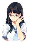  1girl adjusting_glasses black_hair commentary_request glasses glasses_day hair_tucking original sasamori_tomoe school_uniform serafuku simple_background solo white_background 