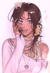  1girl alien_stage alternate_costume bra brown_hair chest_tattoo cinnamoroll claw_hair_clip commentary flower flower_necklace frieddog fuwa_fuwa_cinnamoroll glitter_makeup hair_ornament hairclip hand_on_own_face heart heart_necklace highres hyuna_(alien_stage) jewelry long_sleeves looking_to_the_side luka_(alien_stage) multiple_necklaces necklace open_mouth pink_sweater portrait sanrio signature single_off_shoulder smile solo sweater symbol-only_commentary tattoo underwear white_bra 