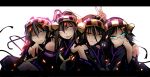  4girls adjusting_glasses ahoge alternate_color aqua_eyes bare_shoulders black_hair brown_hair glasses grin hair_in_mouth hairband haruna_(kantai_collection) hiei_(kantai_collection) kantai_collection kirishima_(kantai_collection) kongou_(kantai_collection) letterboxed long_hair multiple_girls nontraditional_miko open_mouth shiba_yuuki short_hair smile tongue tongue_out upper_body 