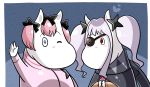  +_+ 2girls blue_eyes blush bow eyepatch hair_bow hair_ornament hibari_(senran_kagura) jacket long_hair looking_at_viewer moomin moomintroll multiple_girls o3k7kc one_eye_closed pink_hair red_eyes senran_kagura senran_kagura_(series) short_hair symbol-shaped_pupils track_jacket twintails waving white_hair yagyuu_(senran_kagura) 