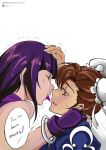  2girls brown_hair chun-li cuffs double_bun english eye_contact fingerless_gloves gloves halterneck han_juri hand_on_another&#039;s_head hand_on_another&#039;s_shoulder handcuffs incipient_kiss long_hair looking_at_another multiple_girls purple_hair push!_(pushmylove) speech_bubble street_fighter street_fighter_iv super_street_fighter_iv tongue tongue_out trembling yuri 