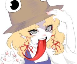  1girl blonde_hair dress green_eyes hands_on_headwear hands_up haniwa_kue horizontal_pupils long_tongue moriya_suwako open_mouth portrait purple_dress pyonta red_ribbon ribbon shirt solo thick_eyebrows tongue touhou very_long_tongue white_shirt wide_sleeves 