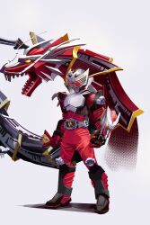  1boy armor belt bodysuit compound_eyes contract_monster dragon dragreder dragvisor eastern_dragon gloves heisei helmet highres kamen_rider kamen_rider_ryuki kamen_rider_ryuki_(series) looking_at_viewer male_focus mask non-humanoid_robot penpenhuihui red_bodysuit red_eyes rider_belt robot robot_dragon sharp_teeth standing teeth tokusatsu v_buckle yellow_eyes 