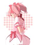  1girl back_cutout bubble_skirt closed_eyes commentary_request gloves hair_ribbon highres kaname_madoka kurihara_mao magical_girl mahou_shoujo_madoka_magica pink_hair ribbon short_hair short_twintails sketch skirt smile solo twintails white_gloves 