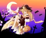  1girl :d absurdres animal_ears barefoot bat blonde_hair broom candy crescent_moon cross dusk fang floating fox_ears fox_tail halloween halloween_costume hat highres jack-o&#039;-lantern lollipop long_hair moon multiple_tails night open_mouth original red_eyes senbon smile solo tail trick_or_treat two_tails witch witch_hat 